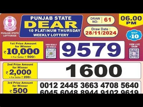 Punjab State Dear 10 Platinum Thursday Weekly Lottery Sambad .
